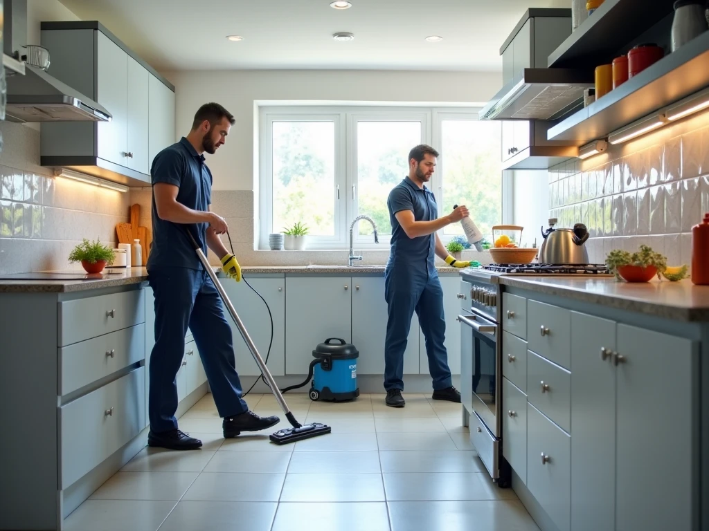 Deep cleaning of kitchen area with professional equipment